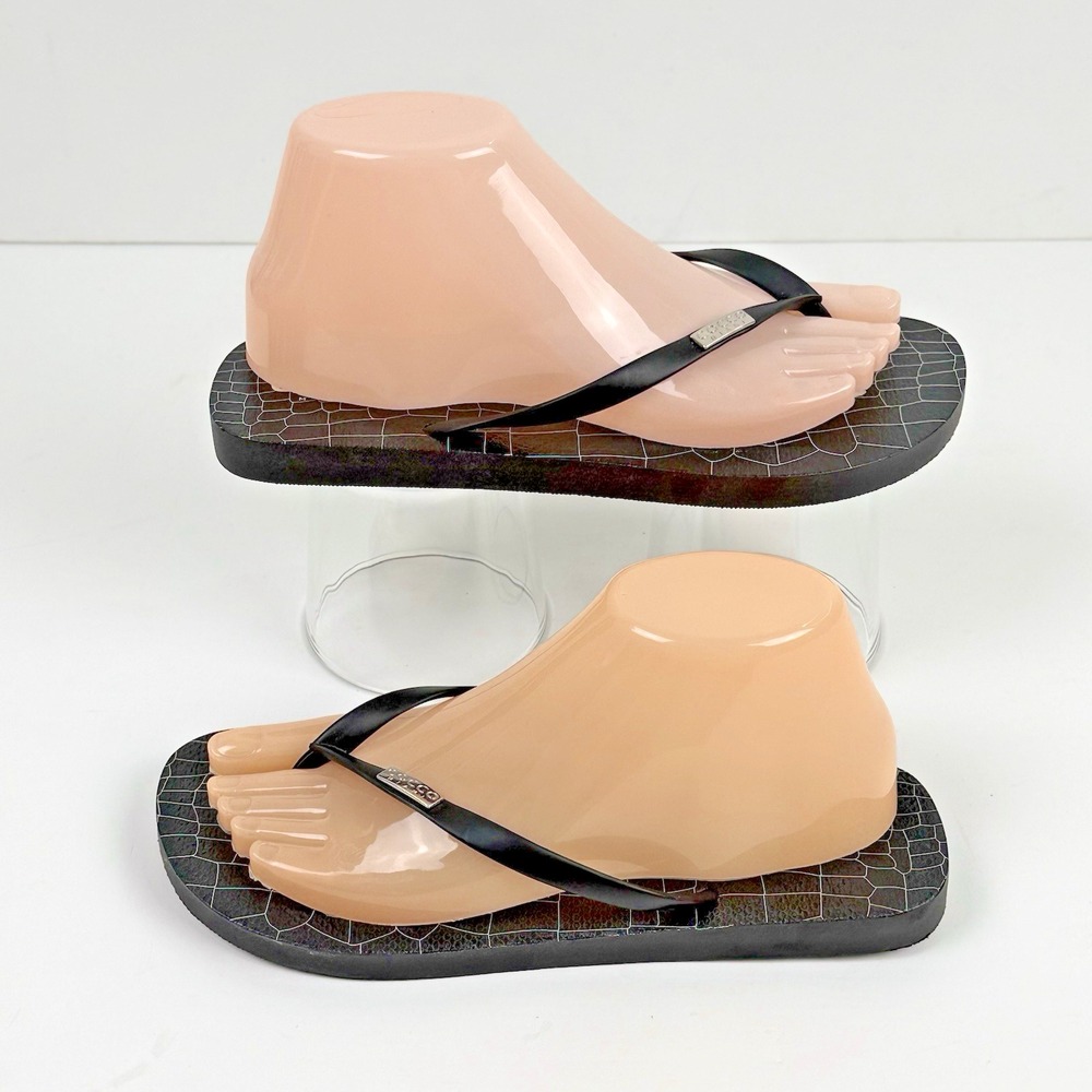 Croc Print Flip Flop Slide Sandal Shoe US Women 8 9 Black Silver Slip On Flat